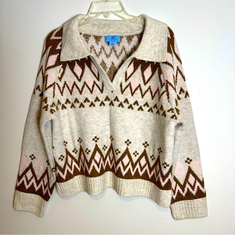 CeCe Beige Pink and Brown Patterned Collared Sweater